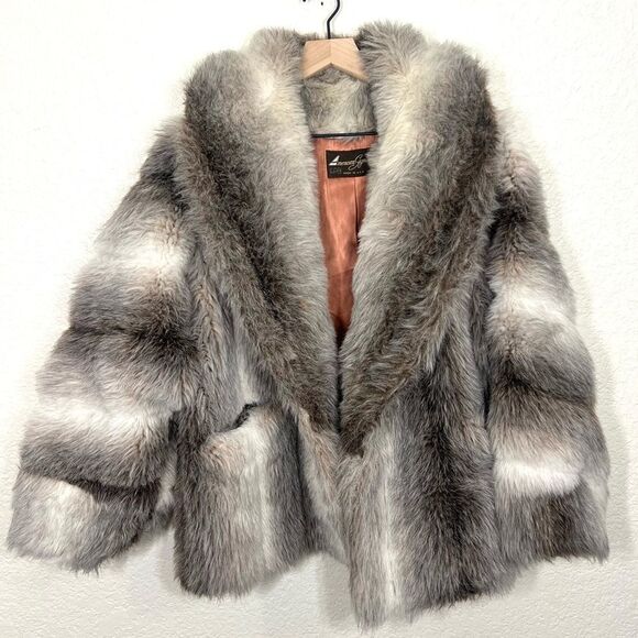 Vintage Jackets & Blazers - Vintage 80’s Faux Fur Coat Grey Cream White Pelted Jacket Mob Wife Size 14